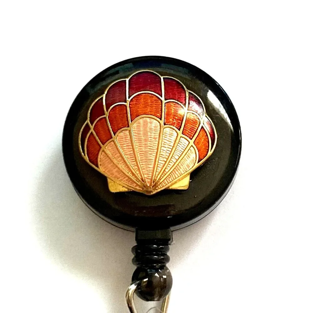 Vtg Sea Shell Cloisonne Charm ID Card Badge Holder Lanyard Retractable Reel